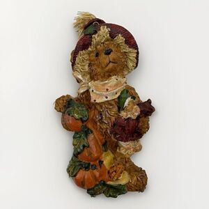 Harvest Bear Figurine Ornament Straw Hat Pumpkin Stack Thanksgiving Fall Resin